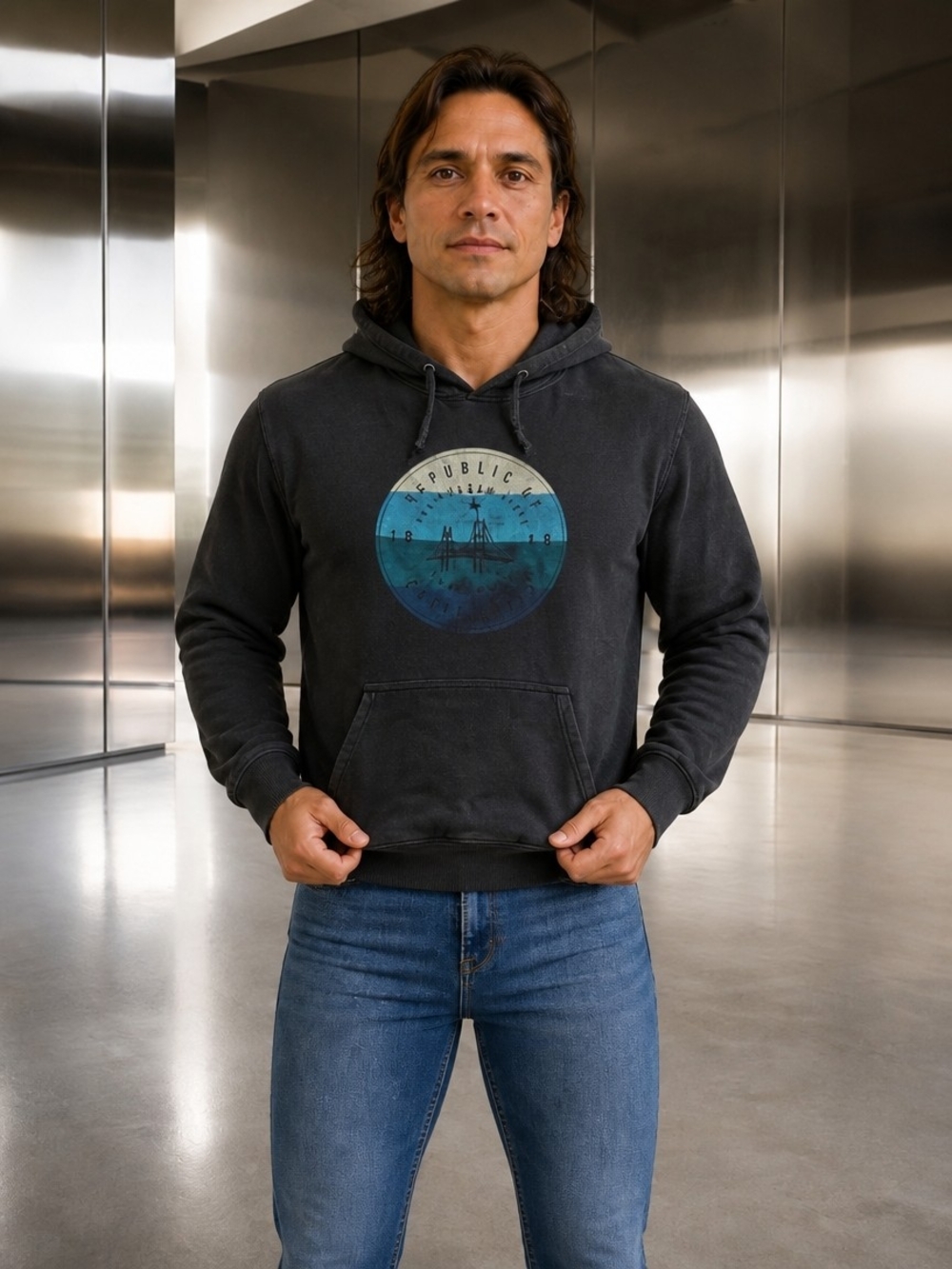 Men's Black Sweater Pullover Republic California The Golden State with Graphic